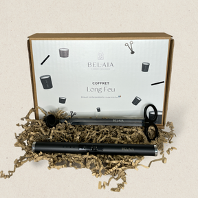 coffret long feu avec coupe mèche et briquet electrique noir sur papier craft