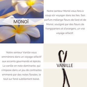 texte et images pour les senteurs de bougies naturelles et diffuseurs senteurs de monoi et vanille