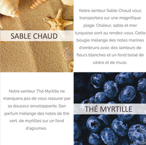 texte et images pour les senteurs de bougies naturelles et diffuseurs senteurs sable chaud et the myrtille