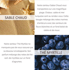 texte et images pour les senteurs de   diffuseurs senteurs sable chaud et the myrtille 